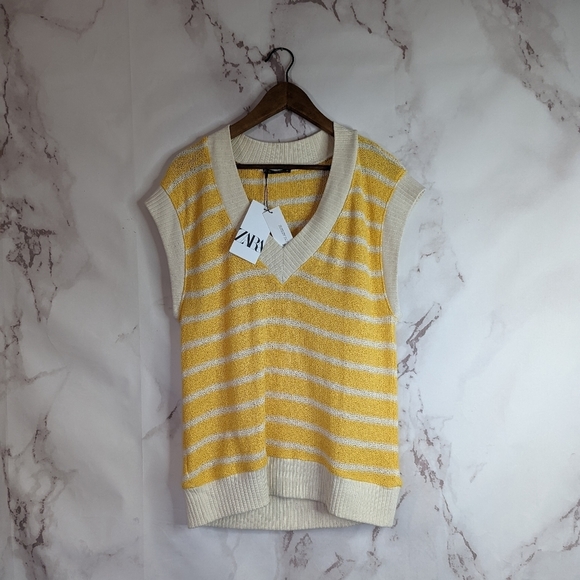Zara Sweater Vest Yellow Stripe Tank Cotton V Neck Oversized Slouchy - Picture 2 of 10